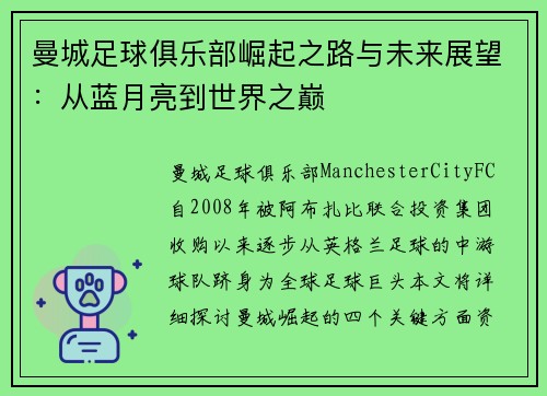 曼城足球俱乐部崛起之路与未来展望：从蓝月亮到世界之巅